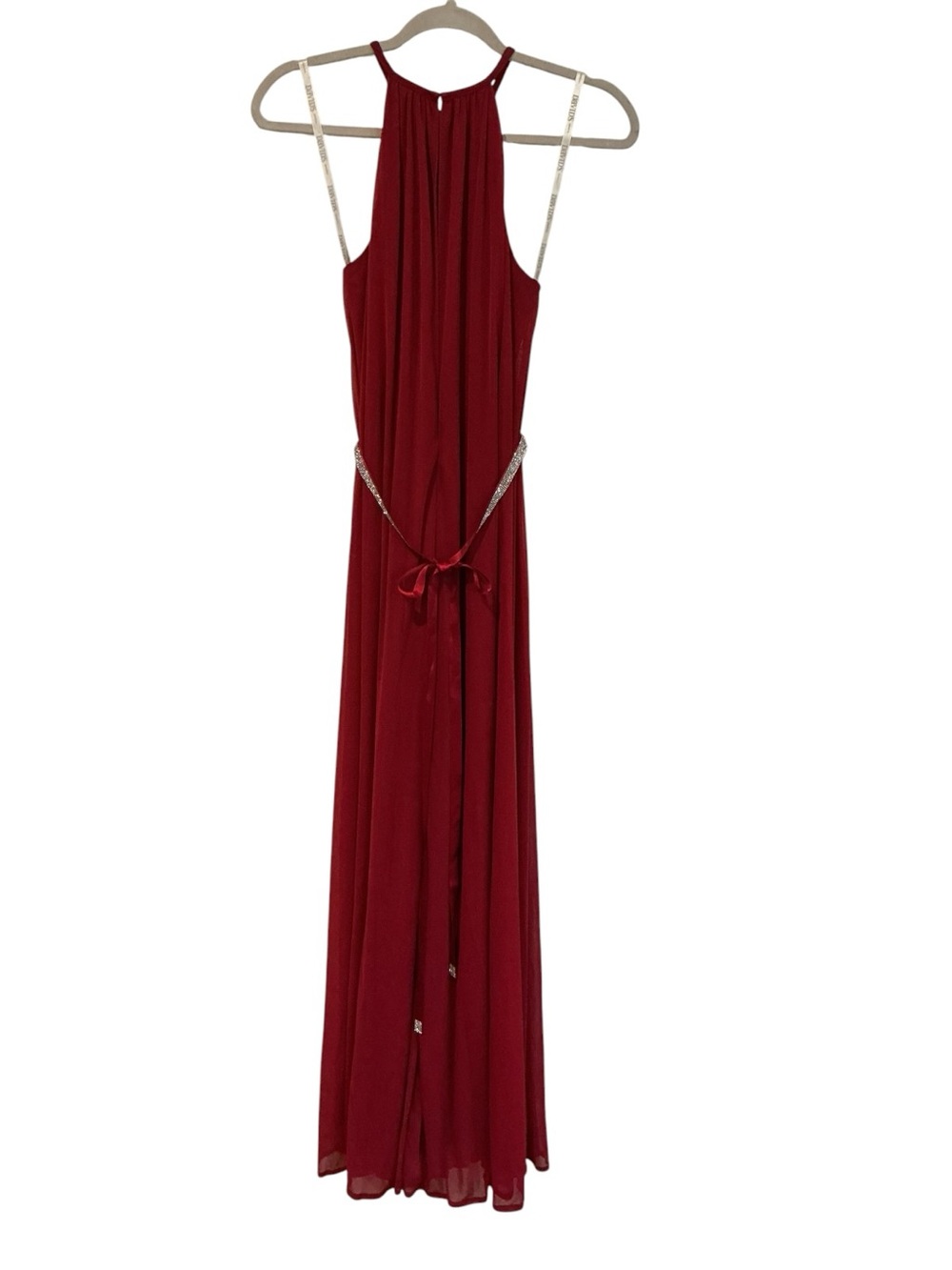 Davids Bridal Red Halter Maxi Dress Size 2 Long Formal Rhinestone Belt - Picture 3 of 6